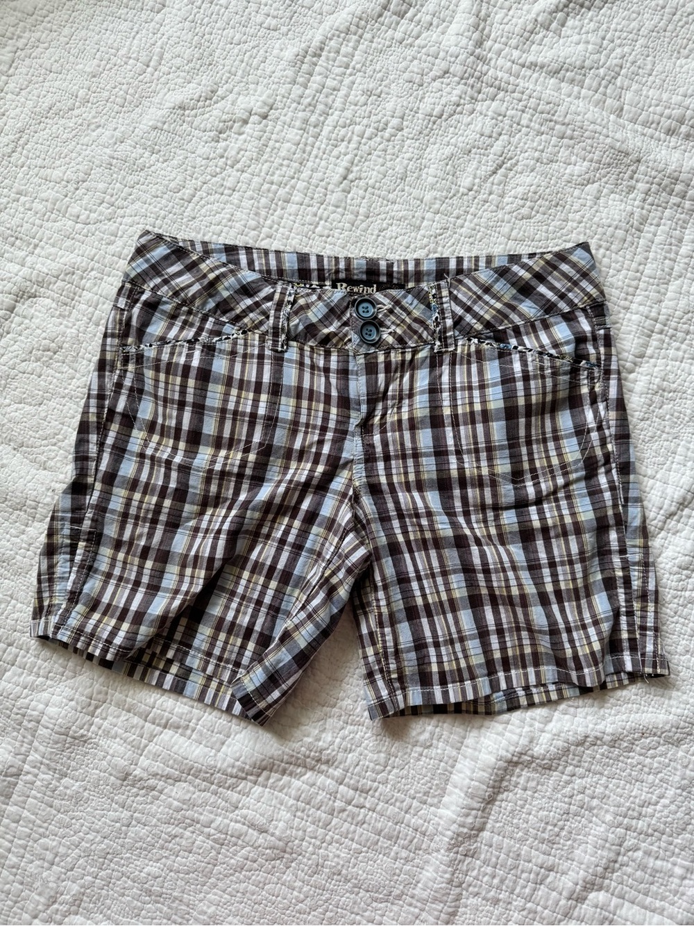 Rewind Y2K Low Rise Brown, White, Blue Plaid Cotton Blend Women’s Shorts, Size 9